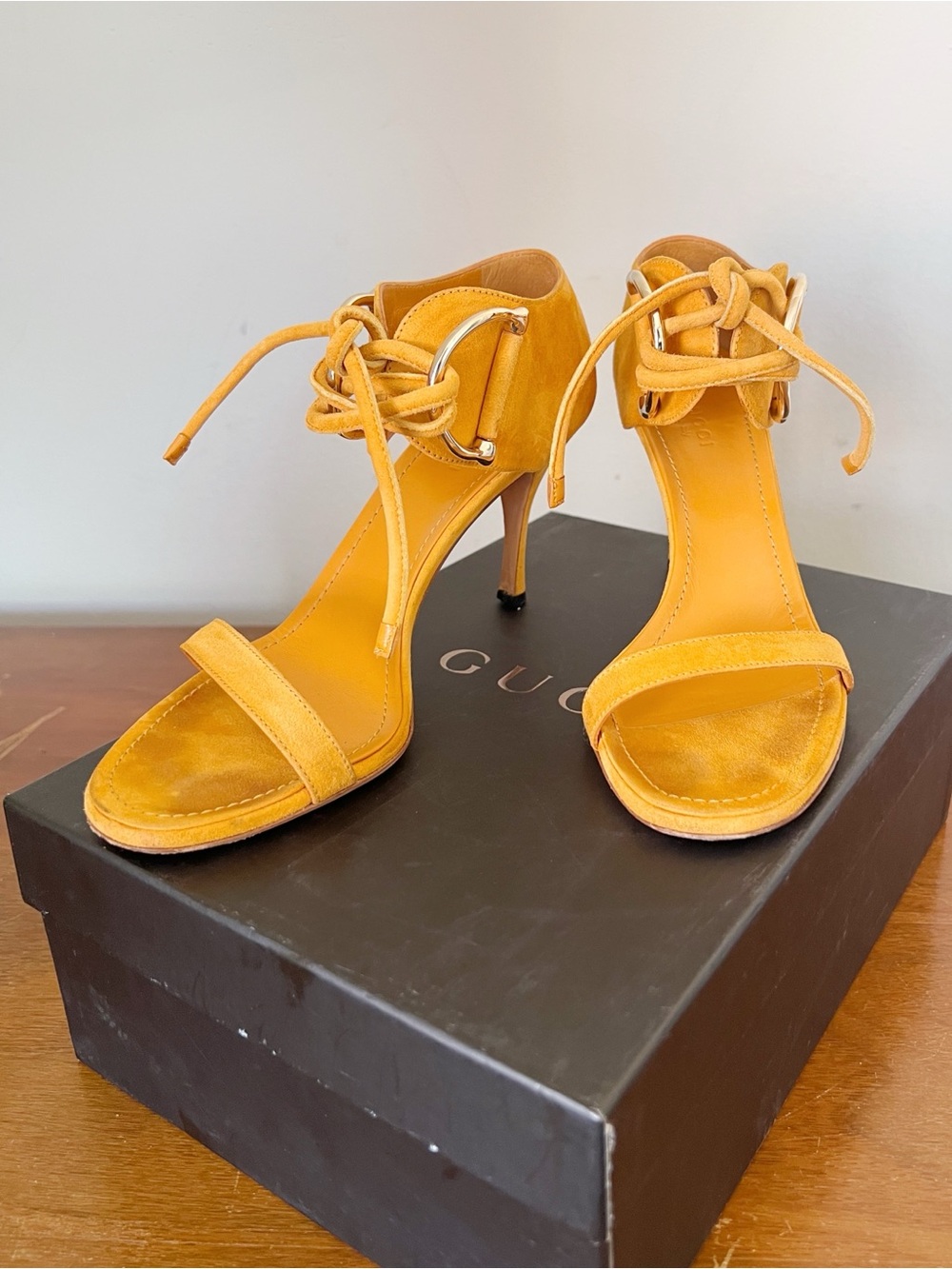 Gucci • Tom Ford vintage Horsebit Suede Sandal heels mustard yellow stiletto